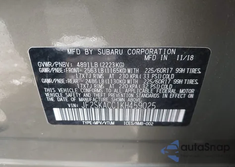 2019 Subaru Forester z USA, uszkodzony, nr VIN JF2SKACC1KH459025